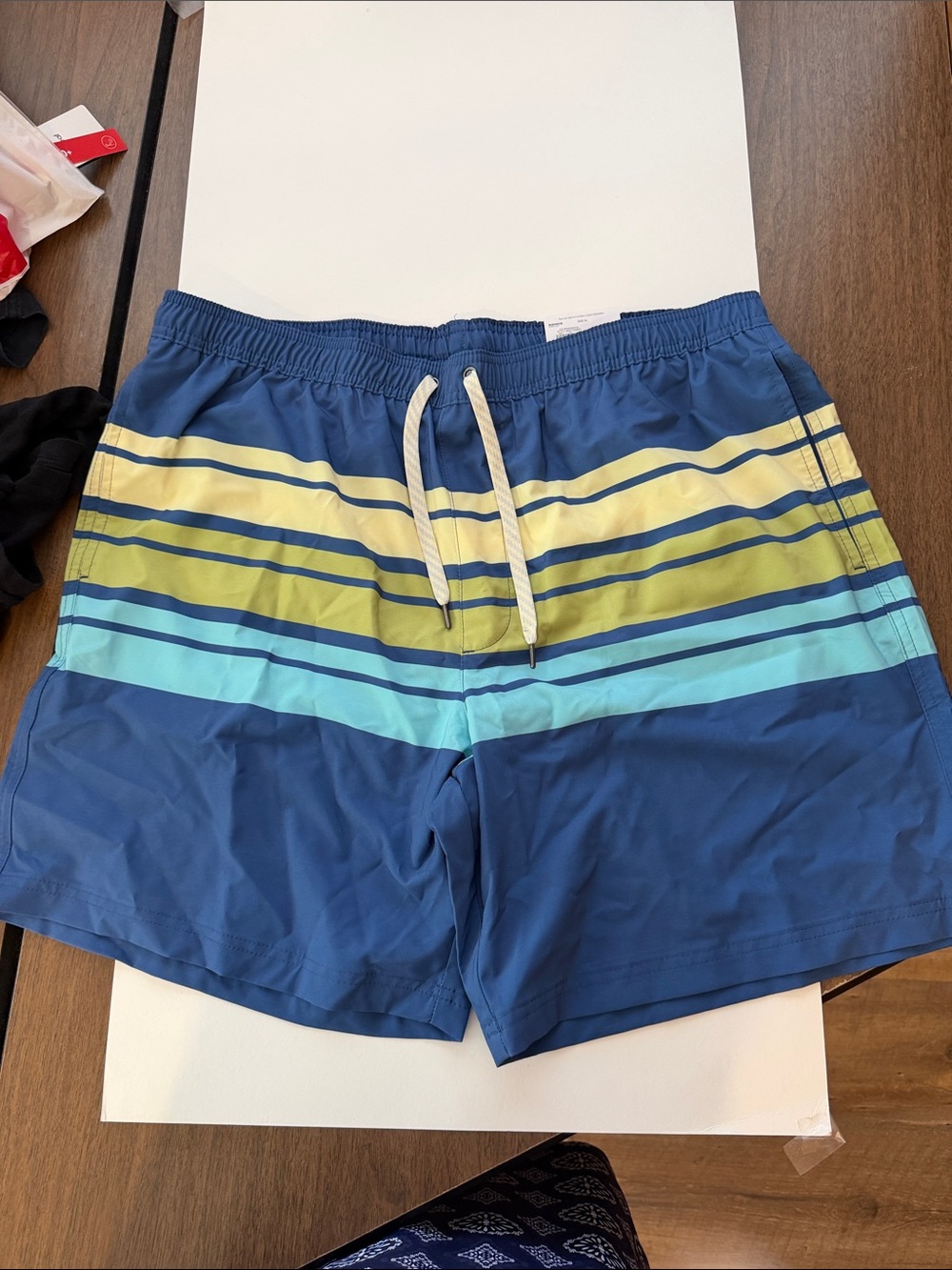 Men's Striped Blue Swim Trunks with Drawstring Waist